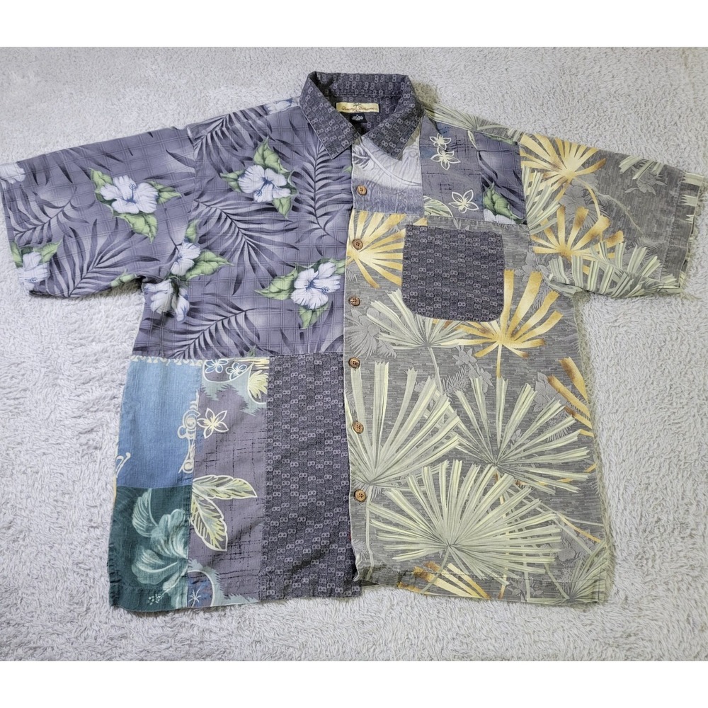 Tommy Bahama Camp Shirt Mens Medium Loop‎ Collar Patchwork Island Palm Relax